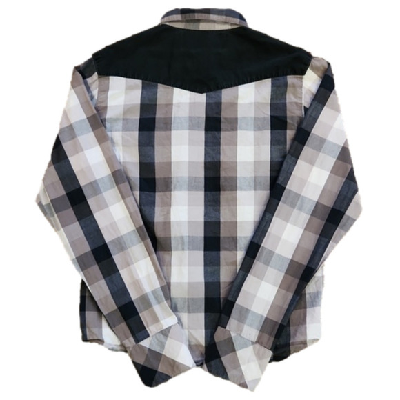 3/$20 Social Collision Black & Brown Square Print Snap Button-Up Shirt - Picture 4 of 6